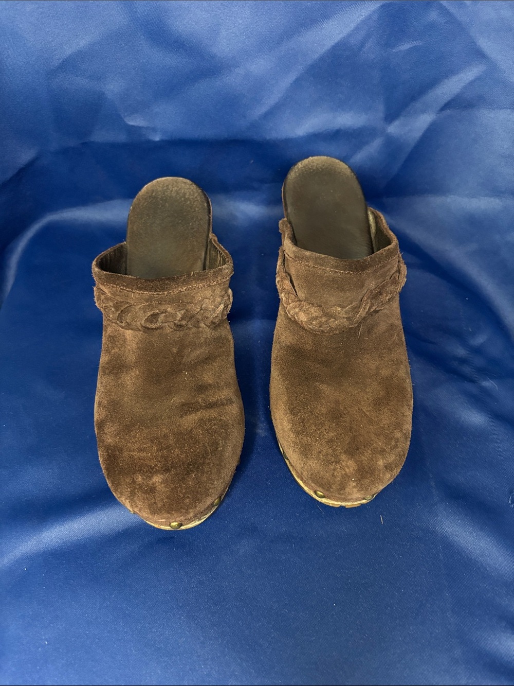 Brown Suede Braided Clog Mules